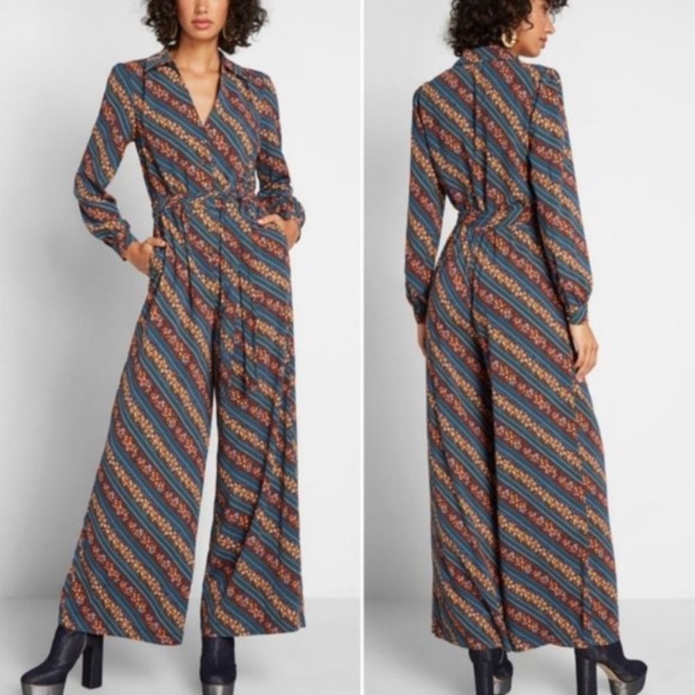 Modcloth Jumpsuit Floral Stripe Wide Leg Retro 70's Teal Blue M
